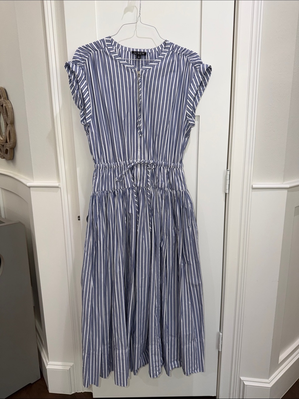 JCrew Striped Blue and White Midi Dress with Drawstring Waist